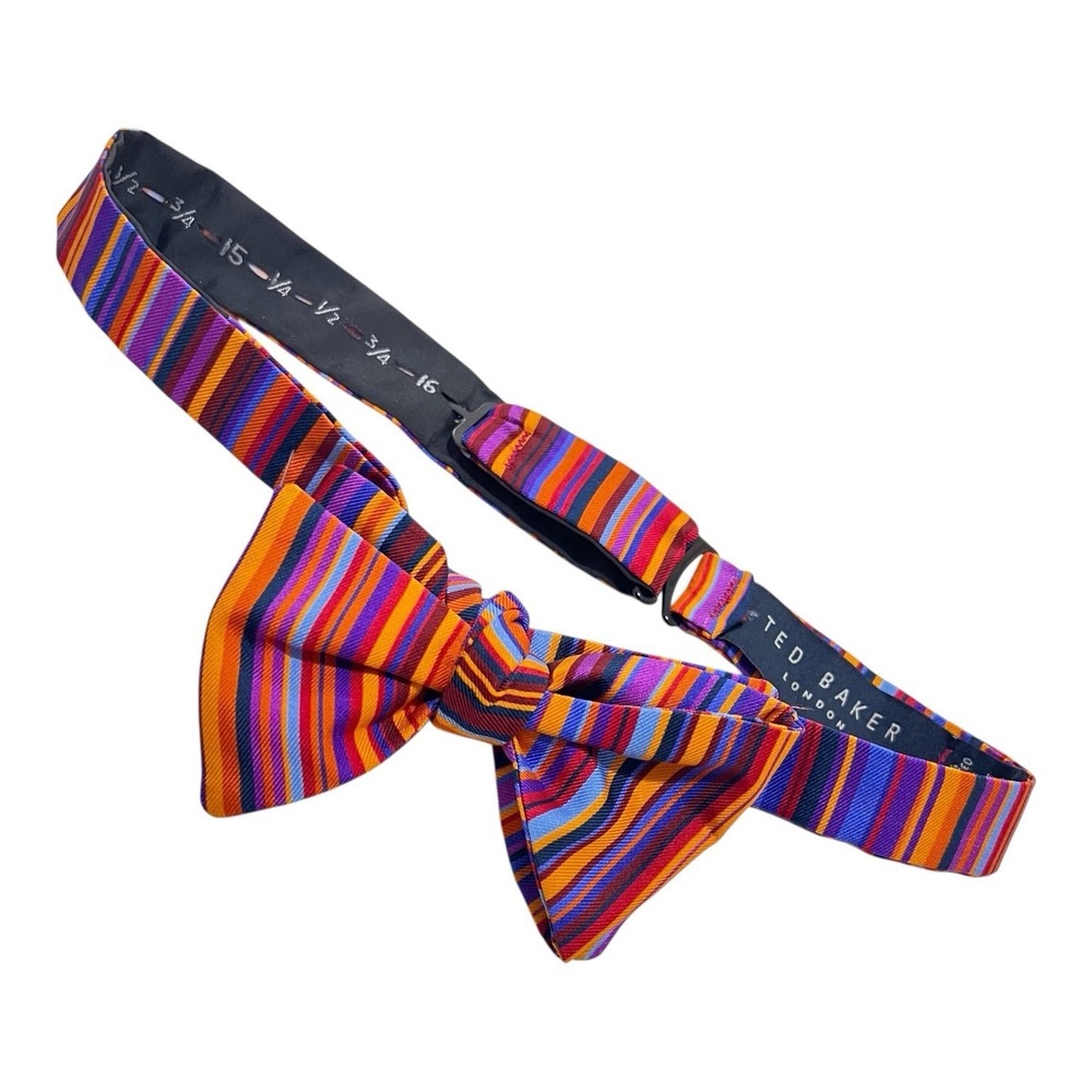 TED BAKER‎ LONDON Striped Bow Tie Imported Silk Colorful Adjustable 13 3/4 - 18